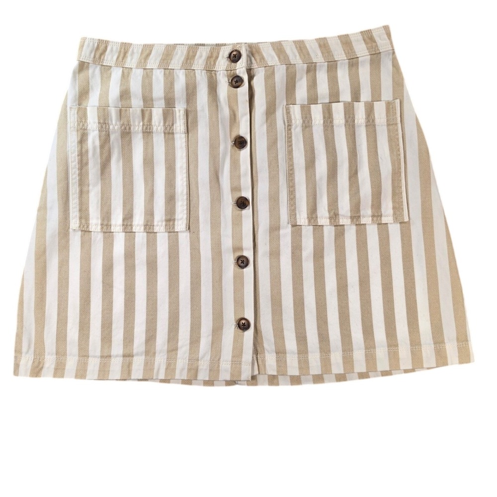 Coastal Beige & Cream Striped Button Front A-Line Skirt Womens 14 Old Navy